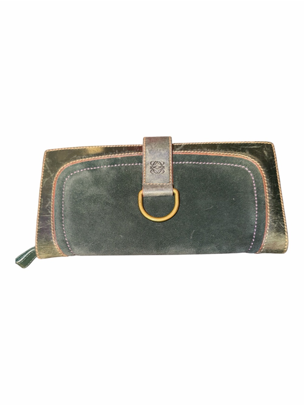 LOEWE Vintage Green Suede Leather Long Wallet + LegitGrails COA